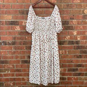 White Red Floral Puff Sleeve Smocked Dress